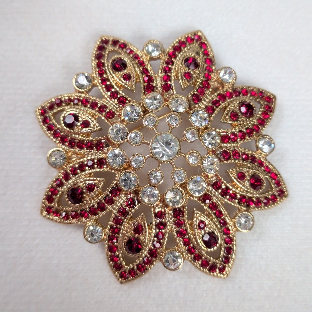 Vintage Monet Brooch Red Clear Rhinestone Gold Tone Floral Statement Pin 2.5"